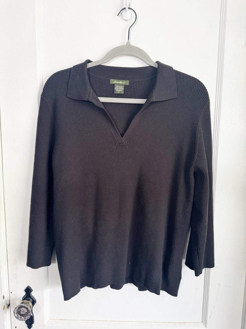 Eddie Bauer Ribbed Collared V-Neck Polo Style Top Shirt 3/4 Sleeves Black XL